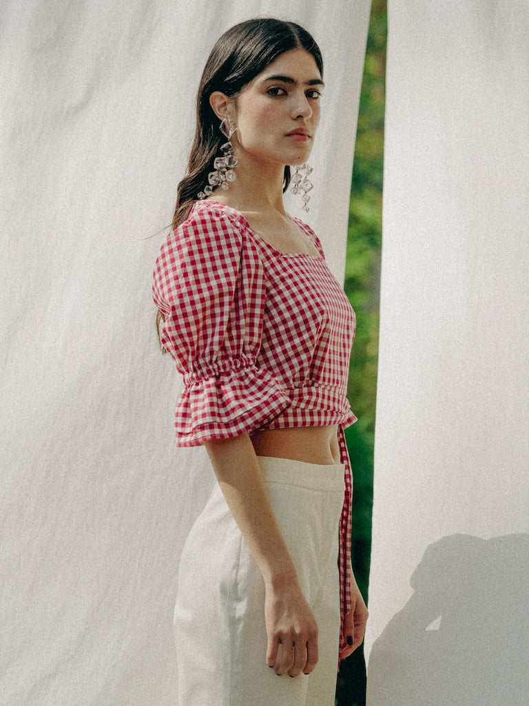 Vegan ADELE top in GOTS organic cotton with vichy pattern, handmade in Switzerland, includes a waist belt.